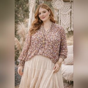 Torrid Size 5 Floral Crinkle Chiffon Smocked Blouson Sleeve Blouse Purple Gold